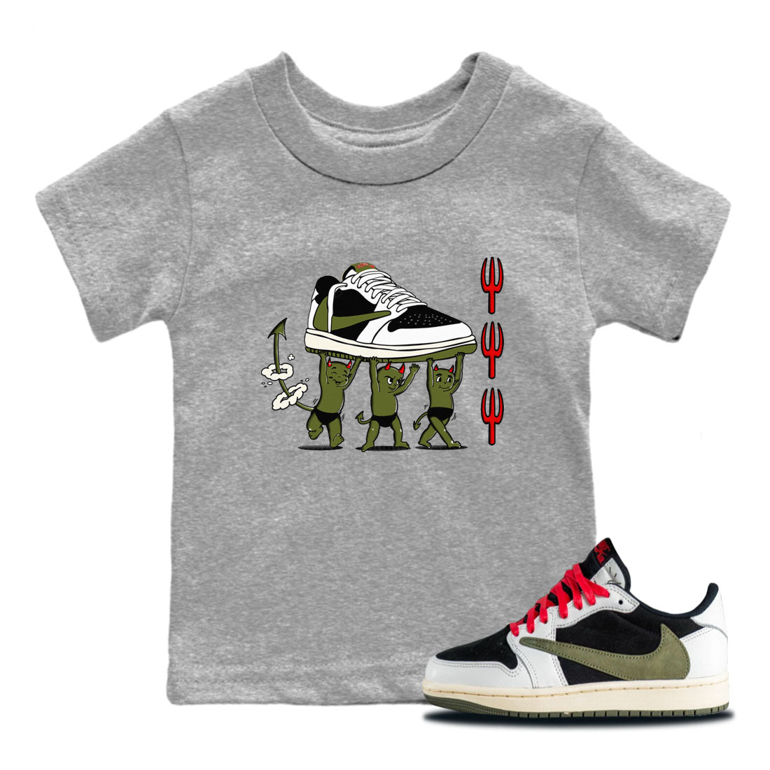 Devil Babies snkmatch Tees Kids - Air Jordan 1 Travis Scott Olive
