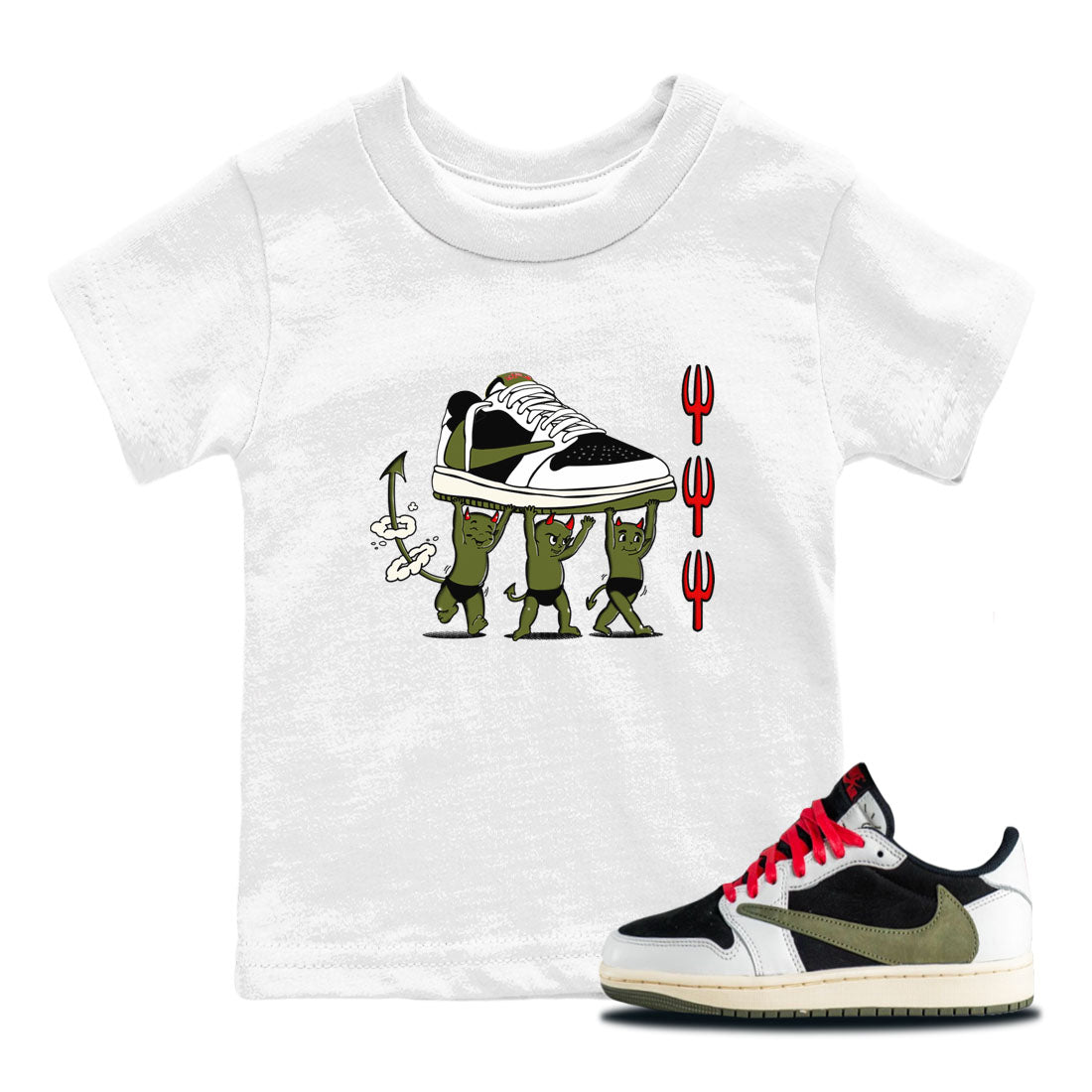 Devil Babies snkmatch Tees Kids - Air Jordan 1 Travis Scott Olive
