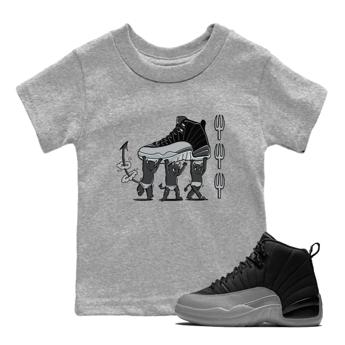 Devil Babies snkmatch Tees Kids - Air Jordan 12 Black Wolf Grey