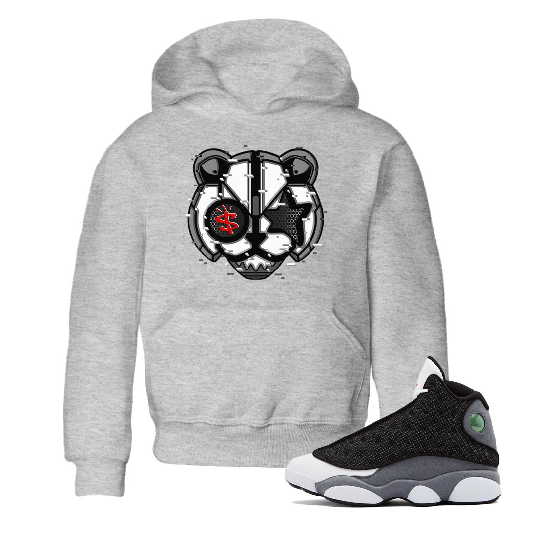Digital Cat Face Kids Tops - Air Jordan 13 Black Flint