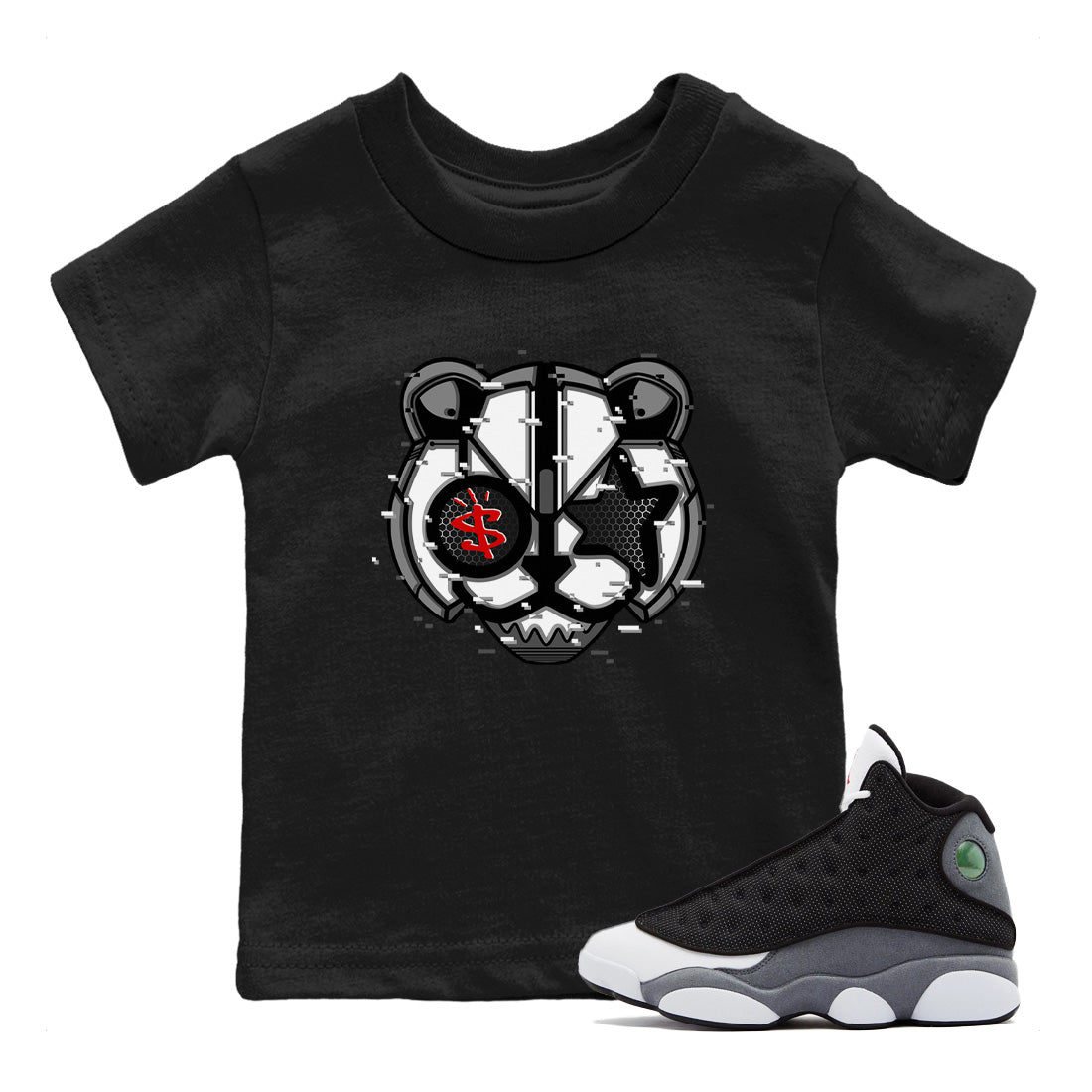 Digital Cat Face Kids Tops - Air Jordan 13 Black Flint