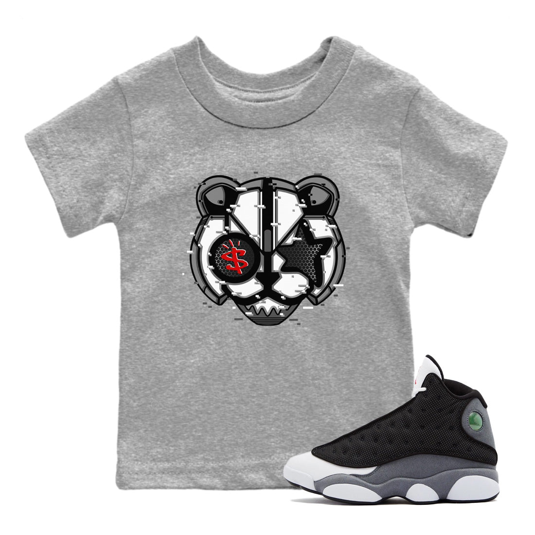 Digital Cat Face Kids Tops - Air Jordan 13 Black Flint