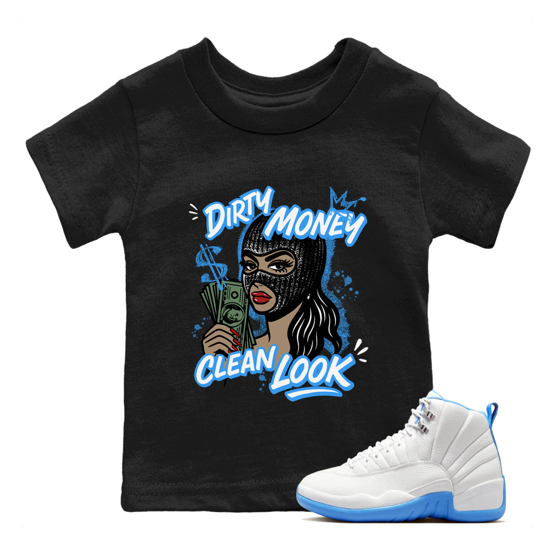 Dirty Money Clean Look snkmatch Tees Kids - Air Jordan 12 White and University Blue