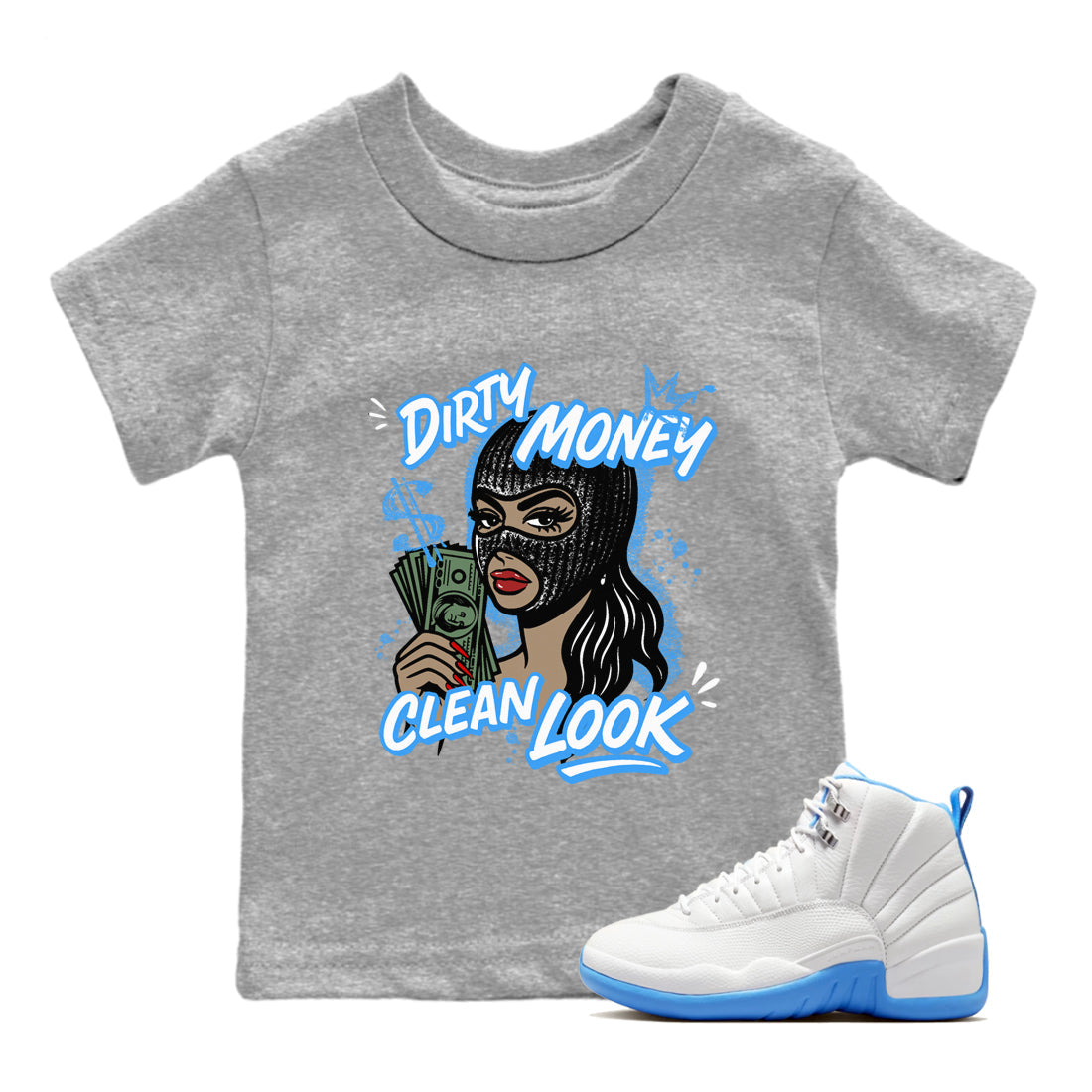 Dirty Money Clean Look snkmatch Tees Kids - Air Jordan 12 White and University Blue