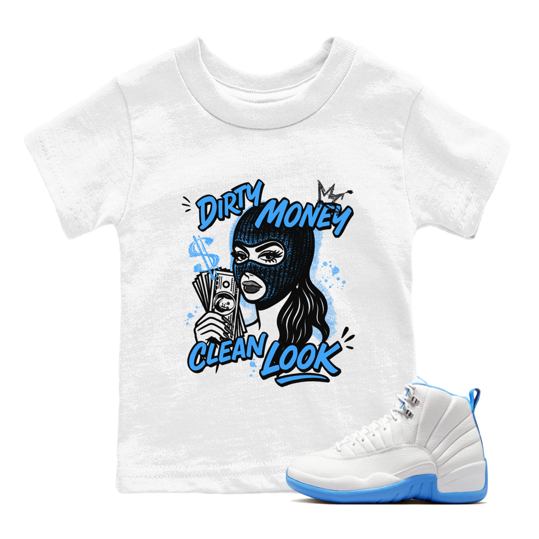 Dirty Money Clean Look snkmatch Tees Kids - Air Jordan 12 White and University Blue