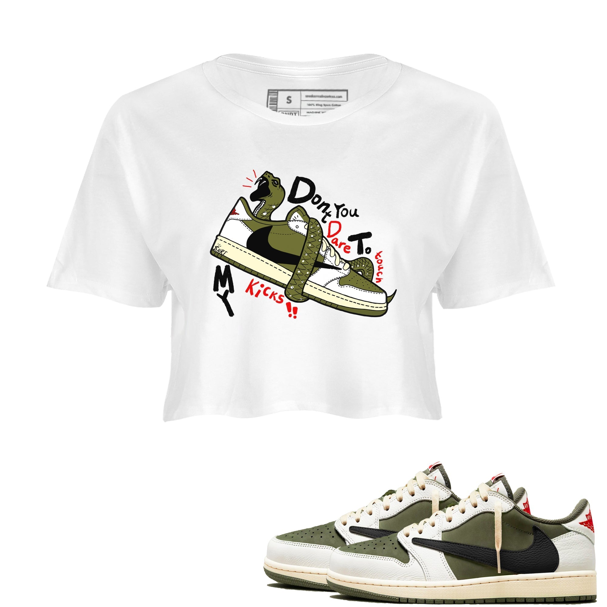 Don't Touch My Kicks snkmatch Women's Top - Air Jordan 1 Travis Scott Medium Olive