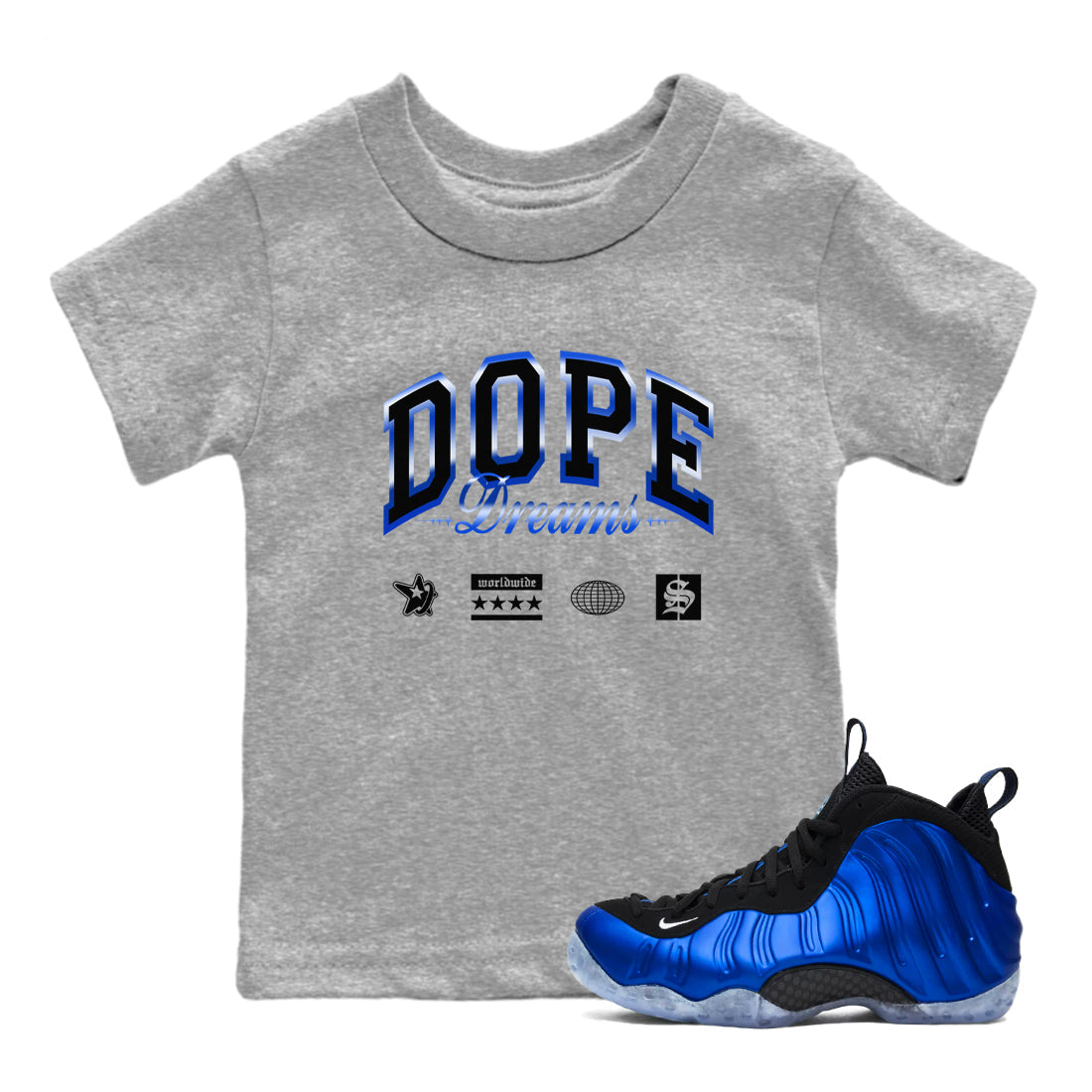 Dope Dreams snkmatch Tees Kids - Air Foamposite One Royal