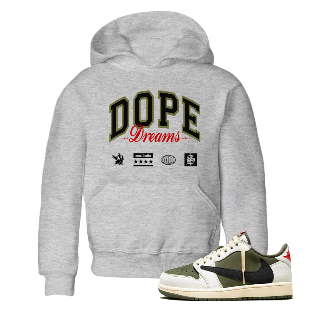 Dope Dreams snkmatch Tees Kids - Air Jordan 1 Travis Scott Medium Olive