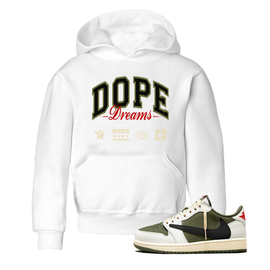 Dope Dreams snkmatch Tees Kids - Air Jordan 1 Travis Scott Medium Olive