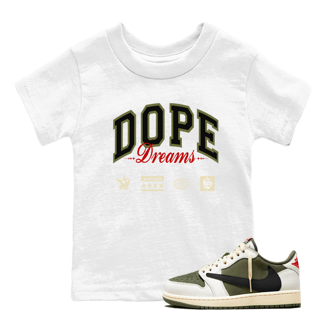Dope Dreams snkmatch Tees Kids - Air Jordan 1 Travis Scott Medium Olive