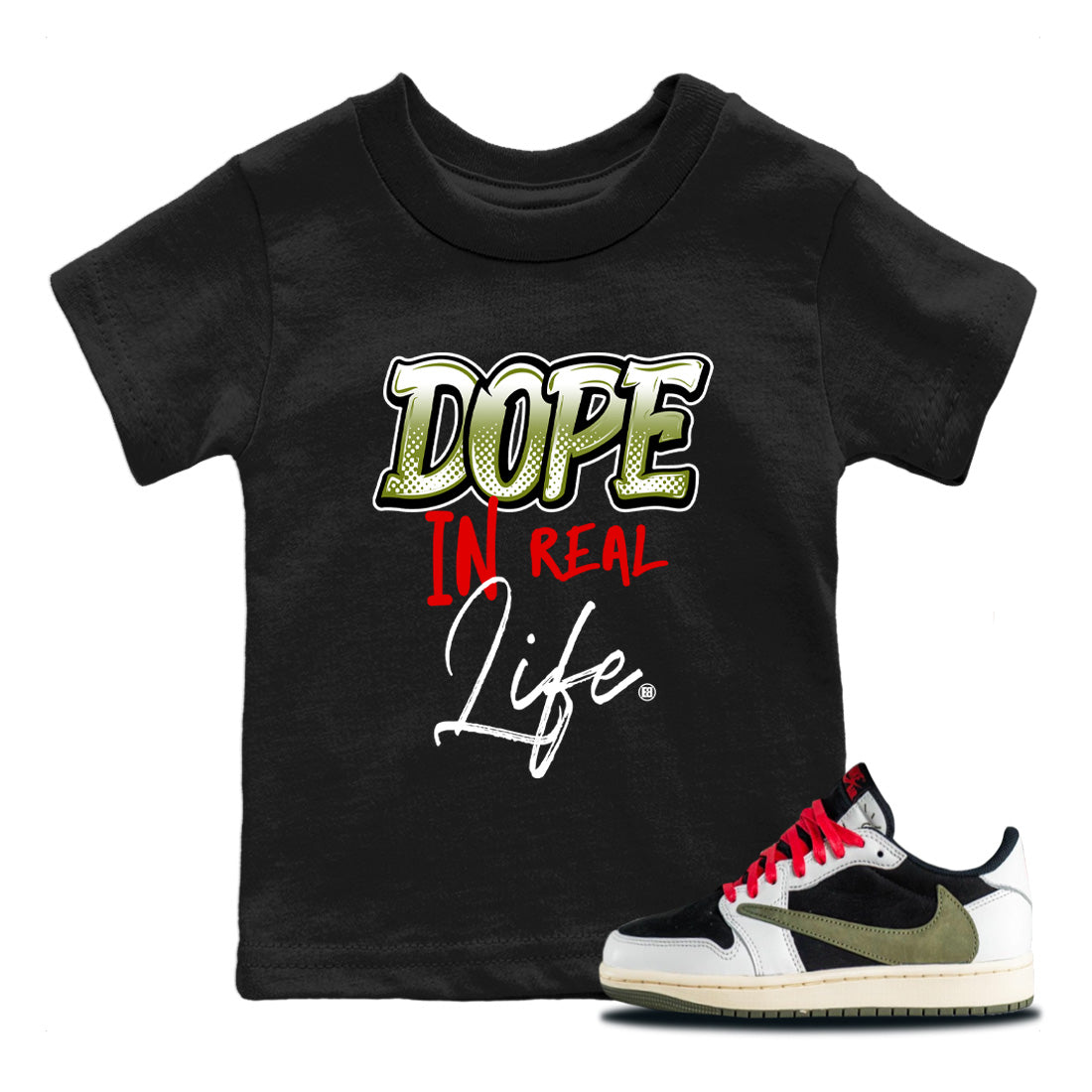 Dope In Real Life Kids Tops - Air Jordan 1 Travis Scott Olive