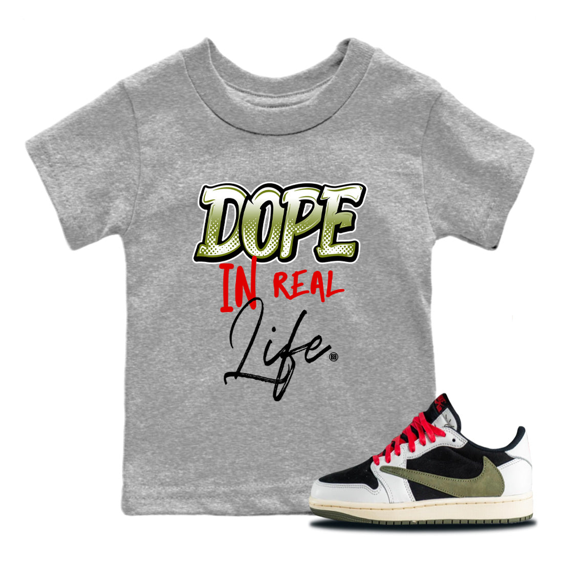 Dope In Real Life Kids Tops - Air Jordan 1 Travis Scott Olive