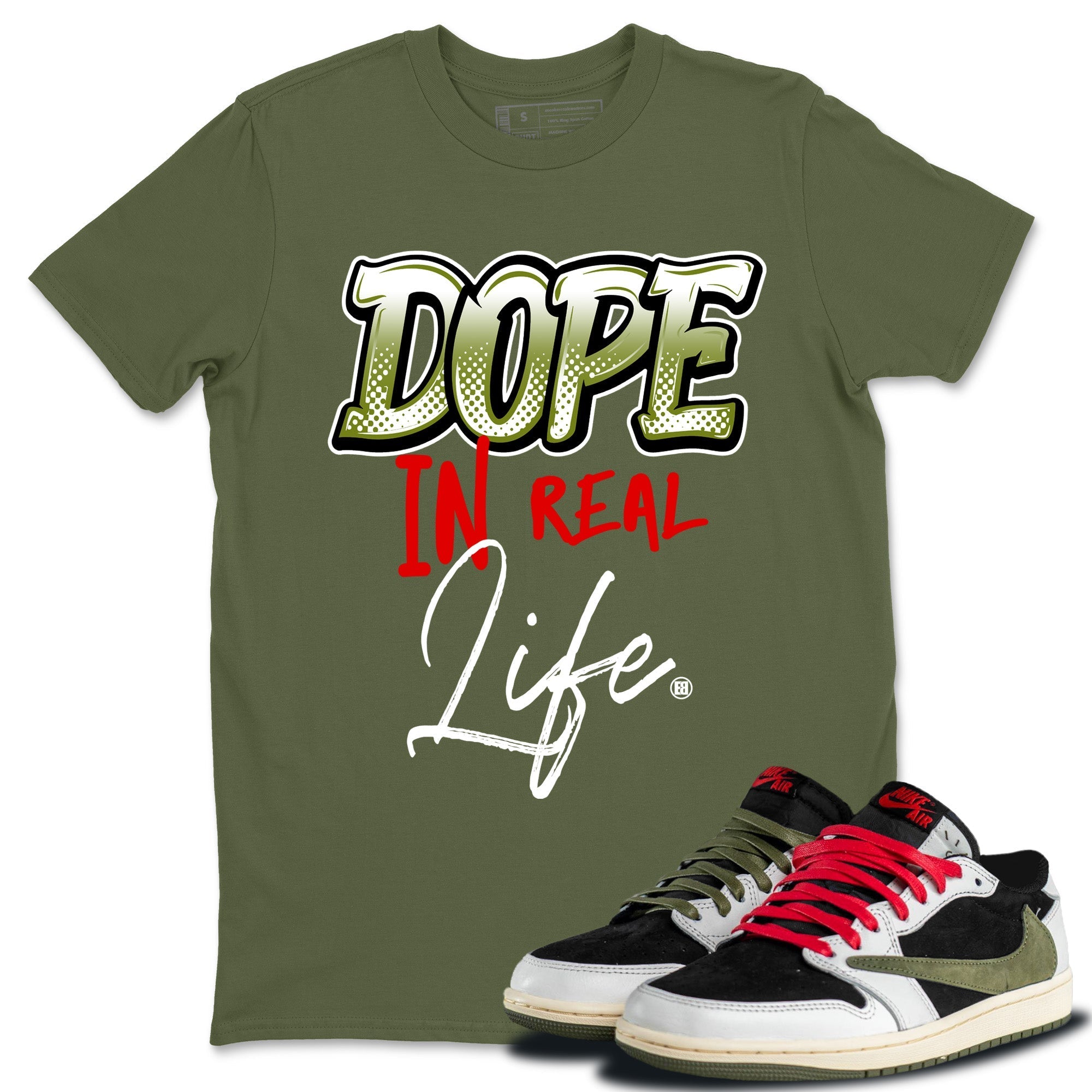 Dope In Real Life Unisex Tops - Air Jordan 1 Travis Scott Olive