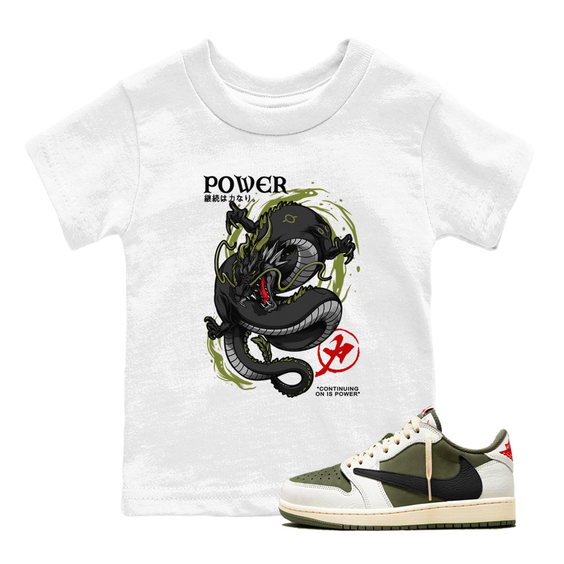 Dragon Power snkmatch Tees Kids - Air Jordan 1 Travis Scott Medium Olive
