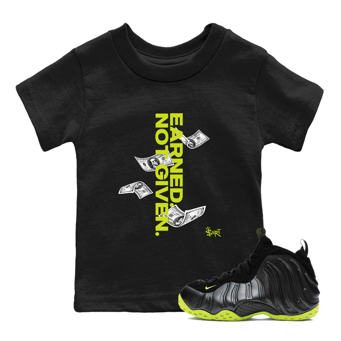 Earned Not Given snkmatch Tees Kids - Air Foamposite One Black Volt