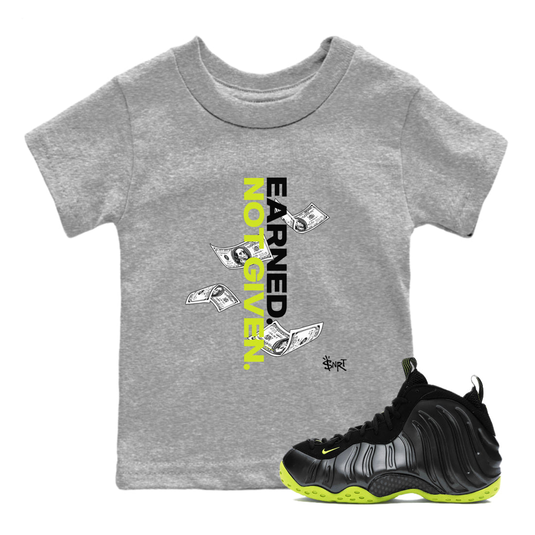 Earned Not Given snkmatch Tees Kids - Air Foamposite One Black Volt