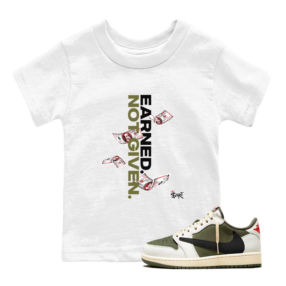 Earned Not Given snkmatch Tees Kids - Air Jordan 1 Travis Scott Medium Olive