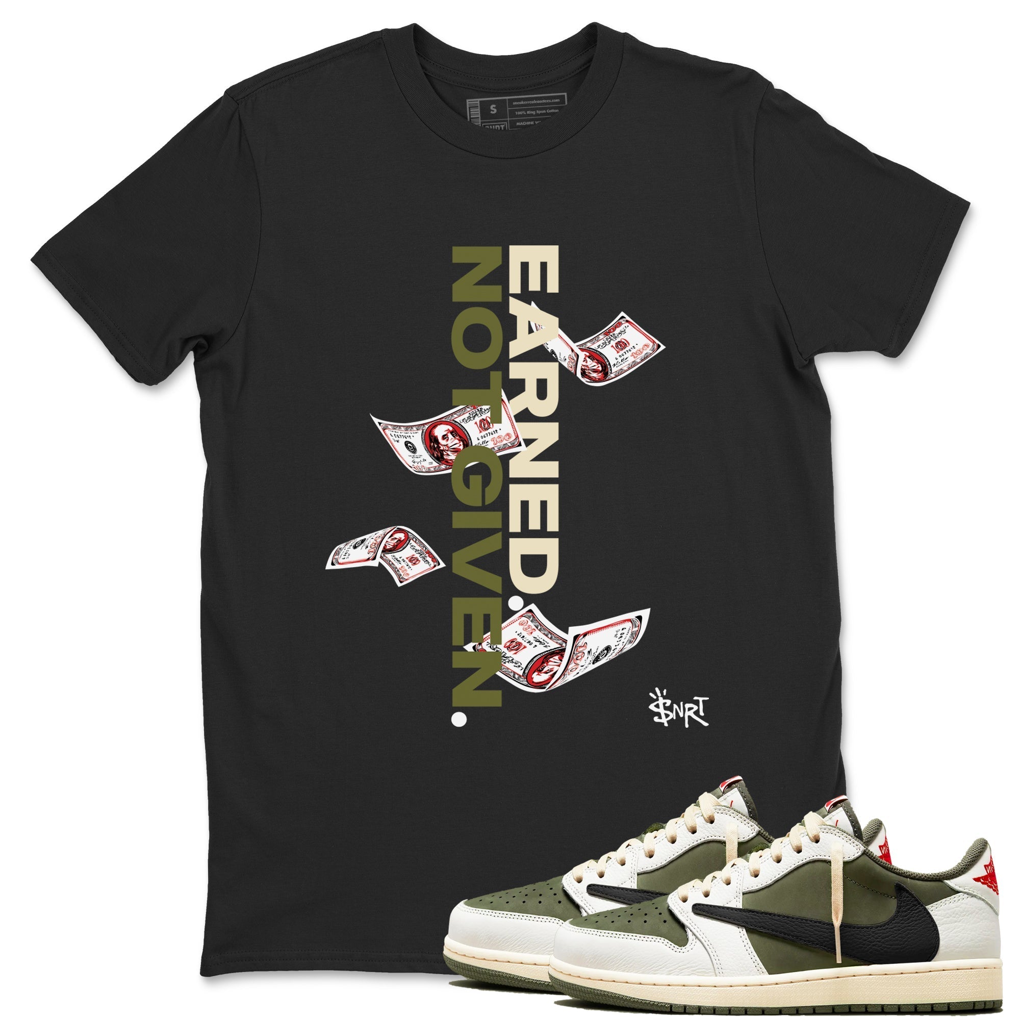 Earned Not Given snkmatch Tees - Air Jordan 1 Travis Scott Medium Olive
