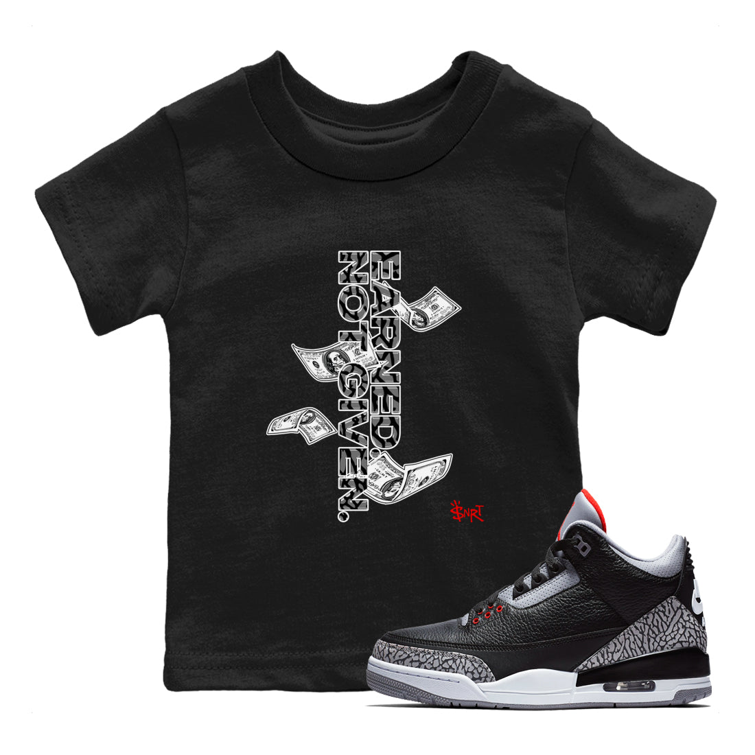 Earned Not Given snkmatch Tees Kids - Air Jordan 3 Black Cement