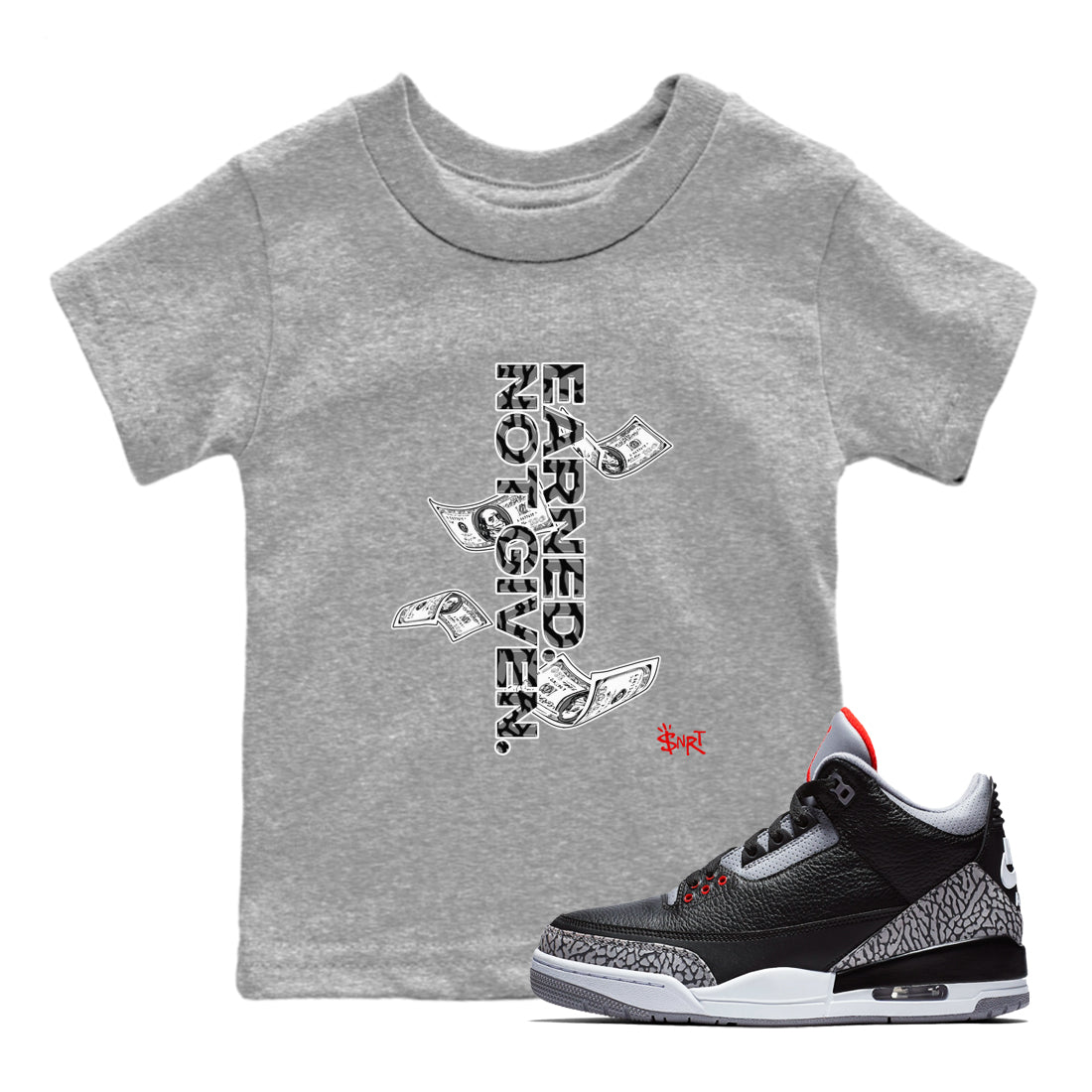 Earned Not Given snkmatch Tees Kids - Air Jordan 3 Black Cement