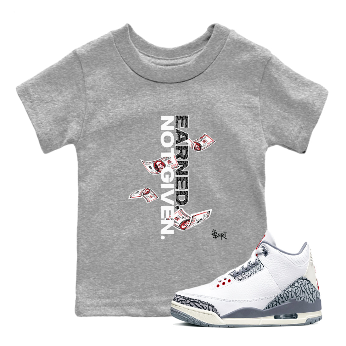 Earned Not Given snkmatch Tees Kids - Air Jordan 3 Cement Grey