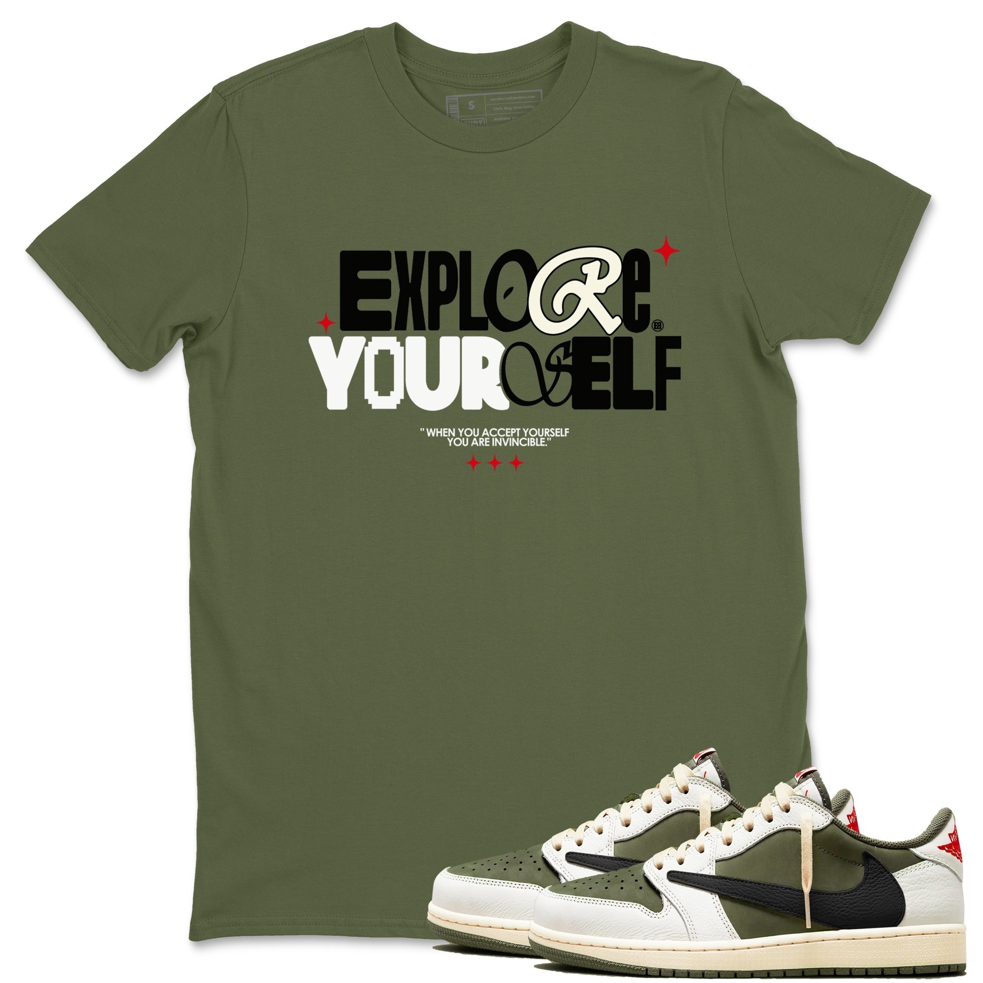 Explore Yourself snkmatch Tees - Air Jordan 1 Travis Scott Medium Olive