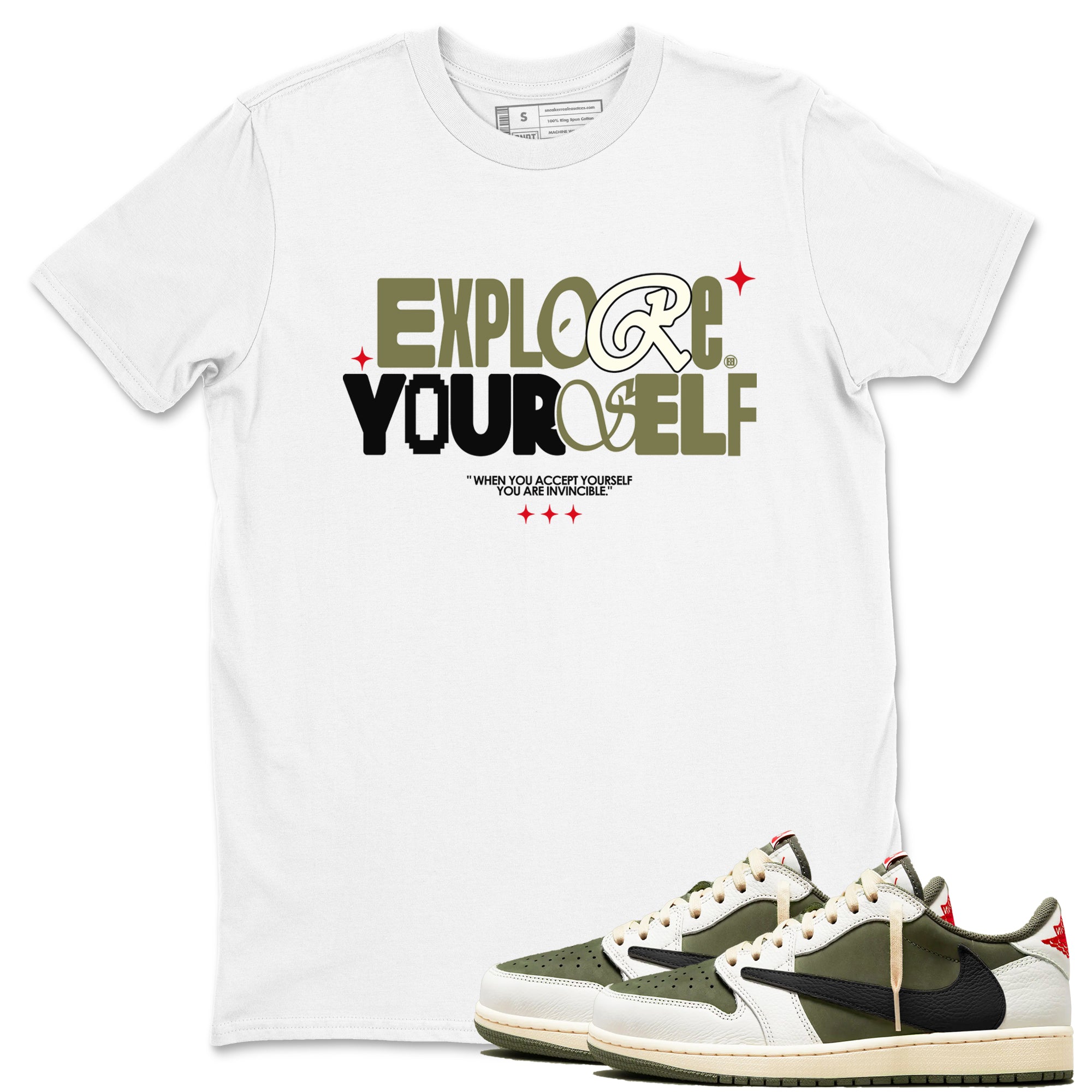 Explore Yourself snkmatch Tees - Air Jordan 1 Travis Scott Medium Olive