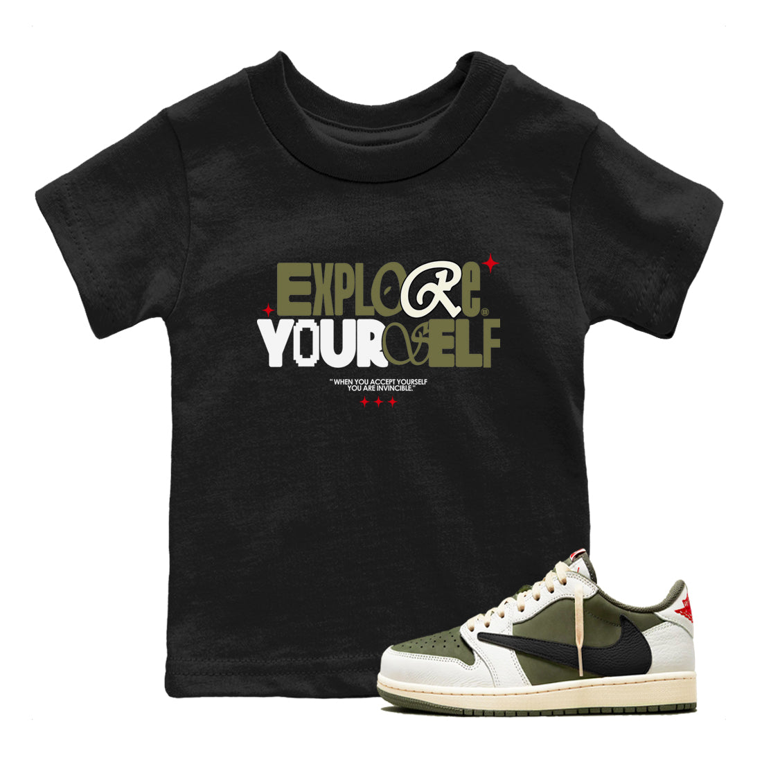 Explore Yourself snkmatch Tees Kids - Air Jordan 1 Travis Scott Medium Olive