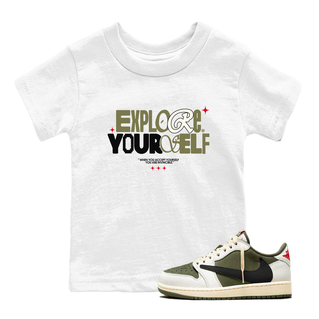 Explore Yourself snkmatch Tees Kids - Air Jordan 1 Travis Scott Medium Olive