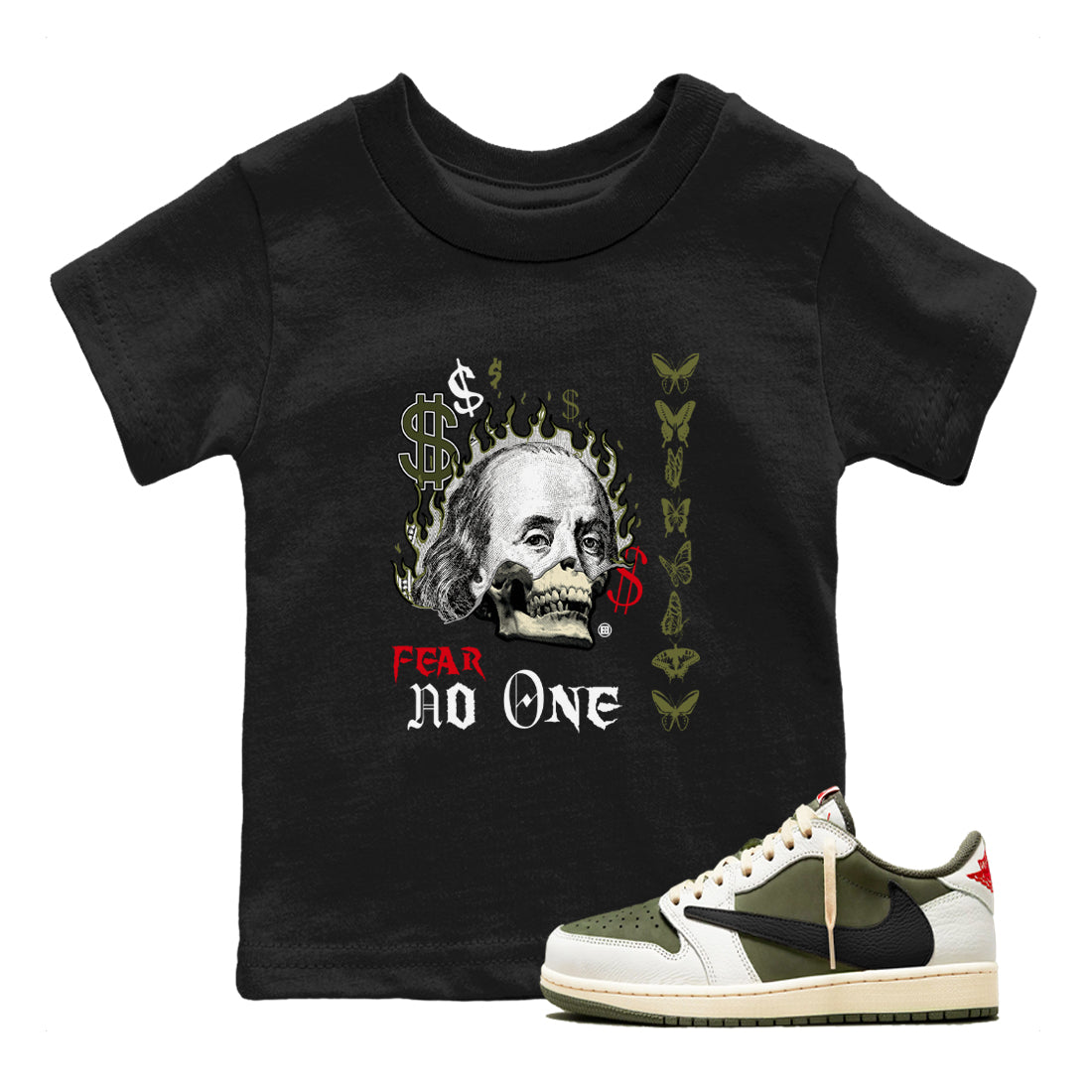 Fear No One snkmatch Tees Kids - Air Jordan 1 Travis Scott Medium Olive