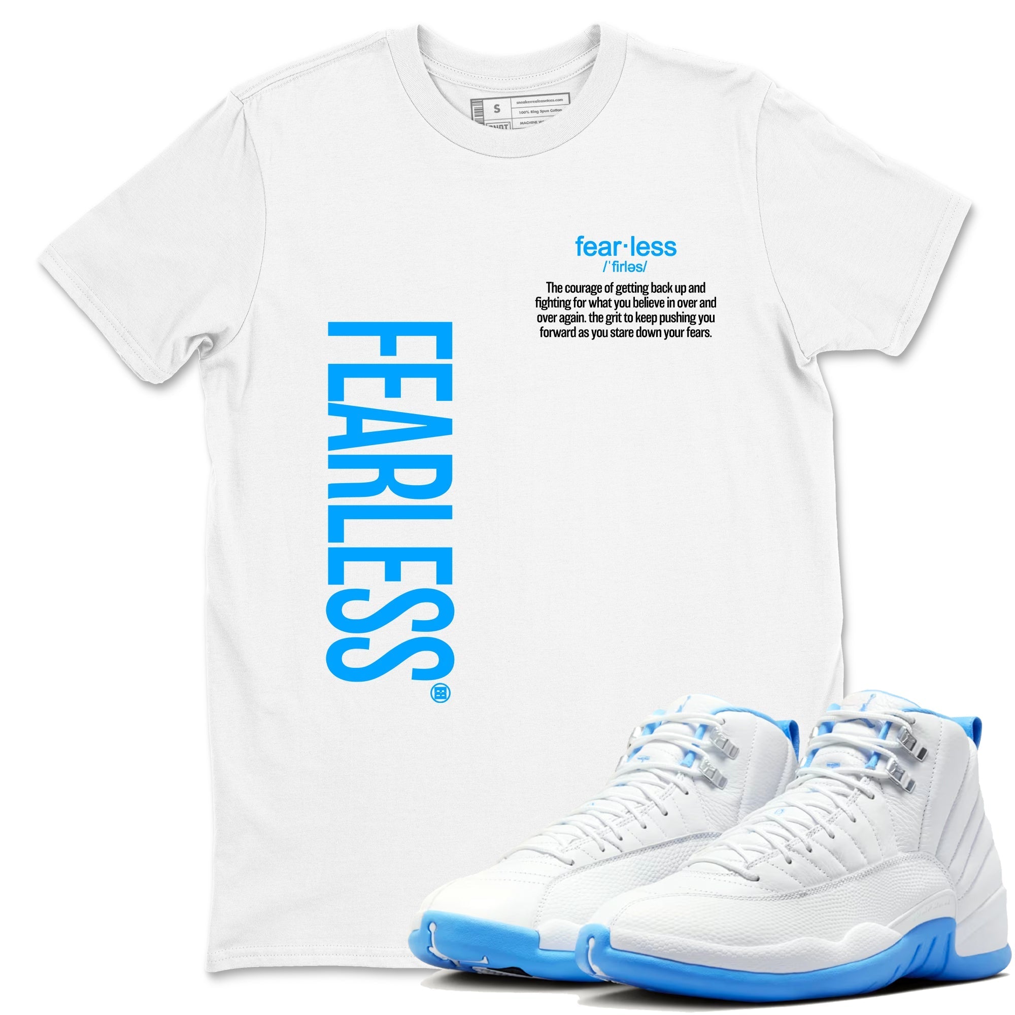 Fearless Definition snkmatch Tees - Air Jordan 12 White and University Blue