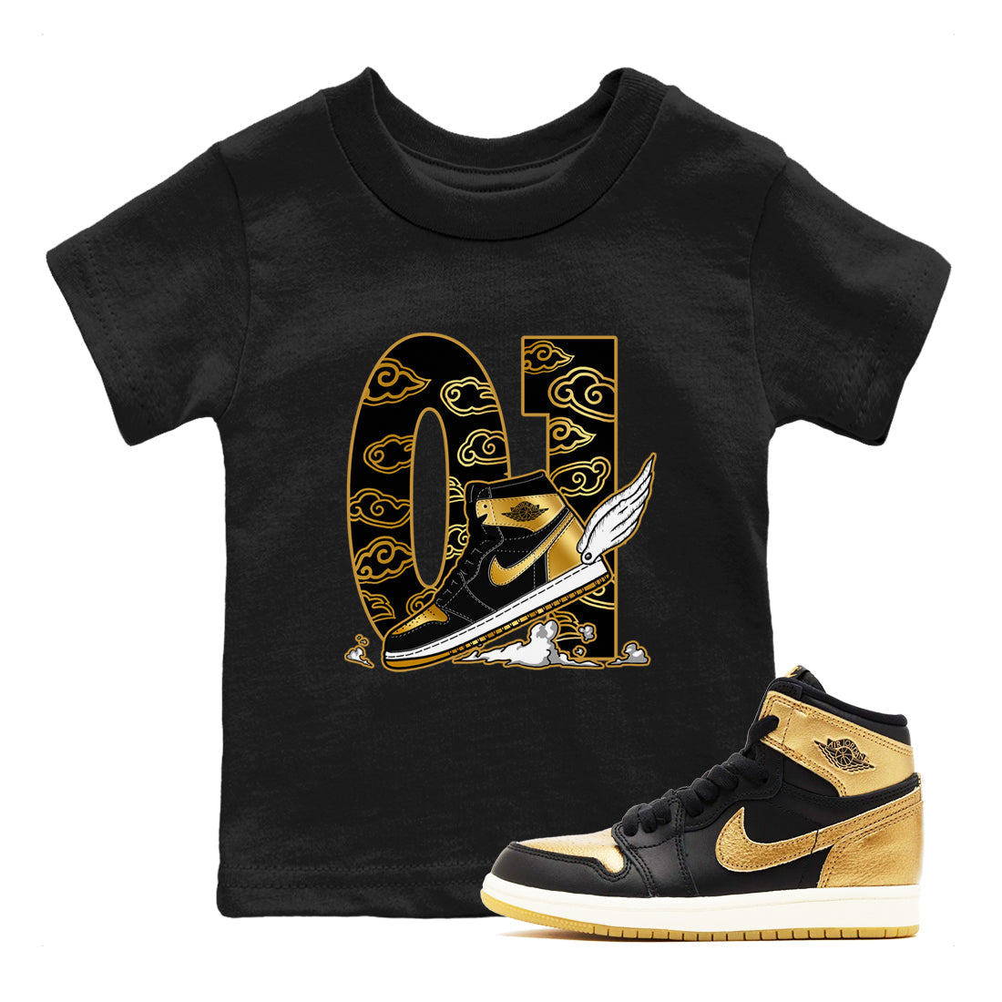 Fly To The Clouds snkmatch Tees Kids - Air Jordan 1 Black Metallic Gold
