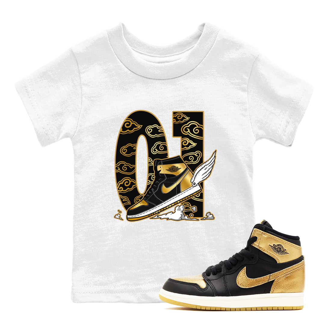 Fly To The Clouds snkmatch Tees Kids - Air Jordan 1 Black Metallic Gold