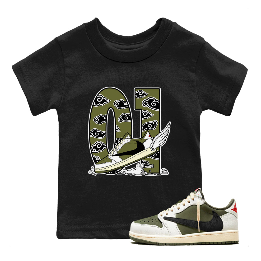 Fly To The Clouds snkmatch Tees Kids - Air Jordan 1 Travis Scott Medium Olive