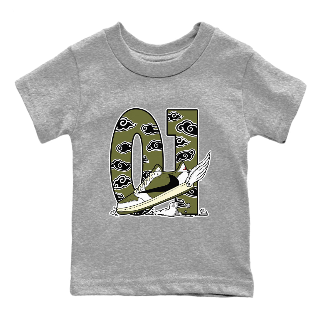 Fly To The Clouds snkmatch Tees Kids - Air Jordan 1 Travis Scott Medium Olive