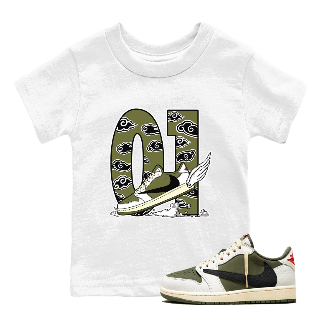 Fly To The Clouds snkmatch Tees Kids - Air Jordan 1 Travis Scott Medium Olive