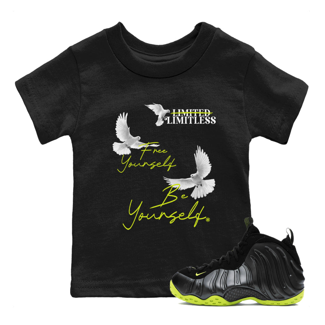 Free Yourself Be Yourself snkmatch Tees Kids - Air Foamposite One Black Volt