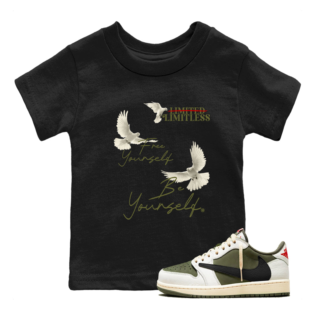 Free Yourself Be Yourself snkmatch Tees Kids - Air Jordan 1 Travis Scott Medium Olive
