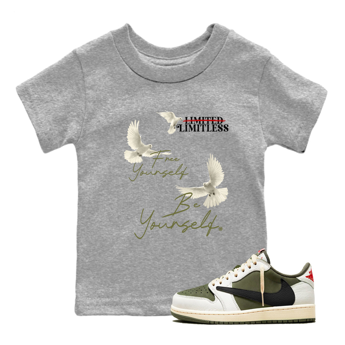 Free Yourself Be Yourself snkmatch Tees Kids - Air Jordan 1 Travis Scott Medium Olive