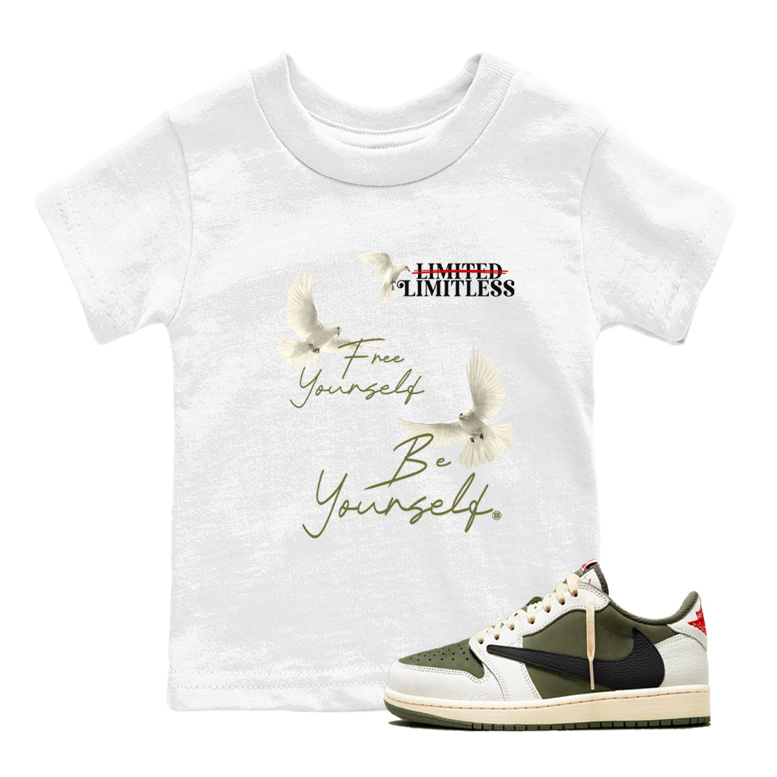 Free Yourself Be Yourself snkmatch Tees Kids - Air Jordan 1 Travis Scott Medium Olive
