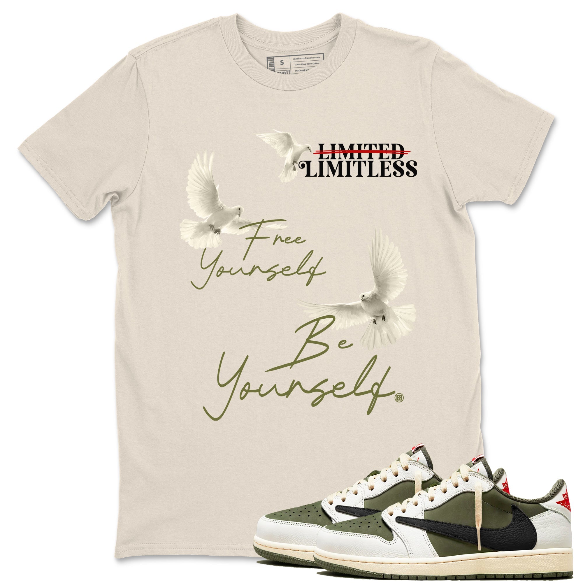 Free Yourself Be Yourself snkmatch Tees - Air Jordan 1 Travis Scott Medium Olive