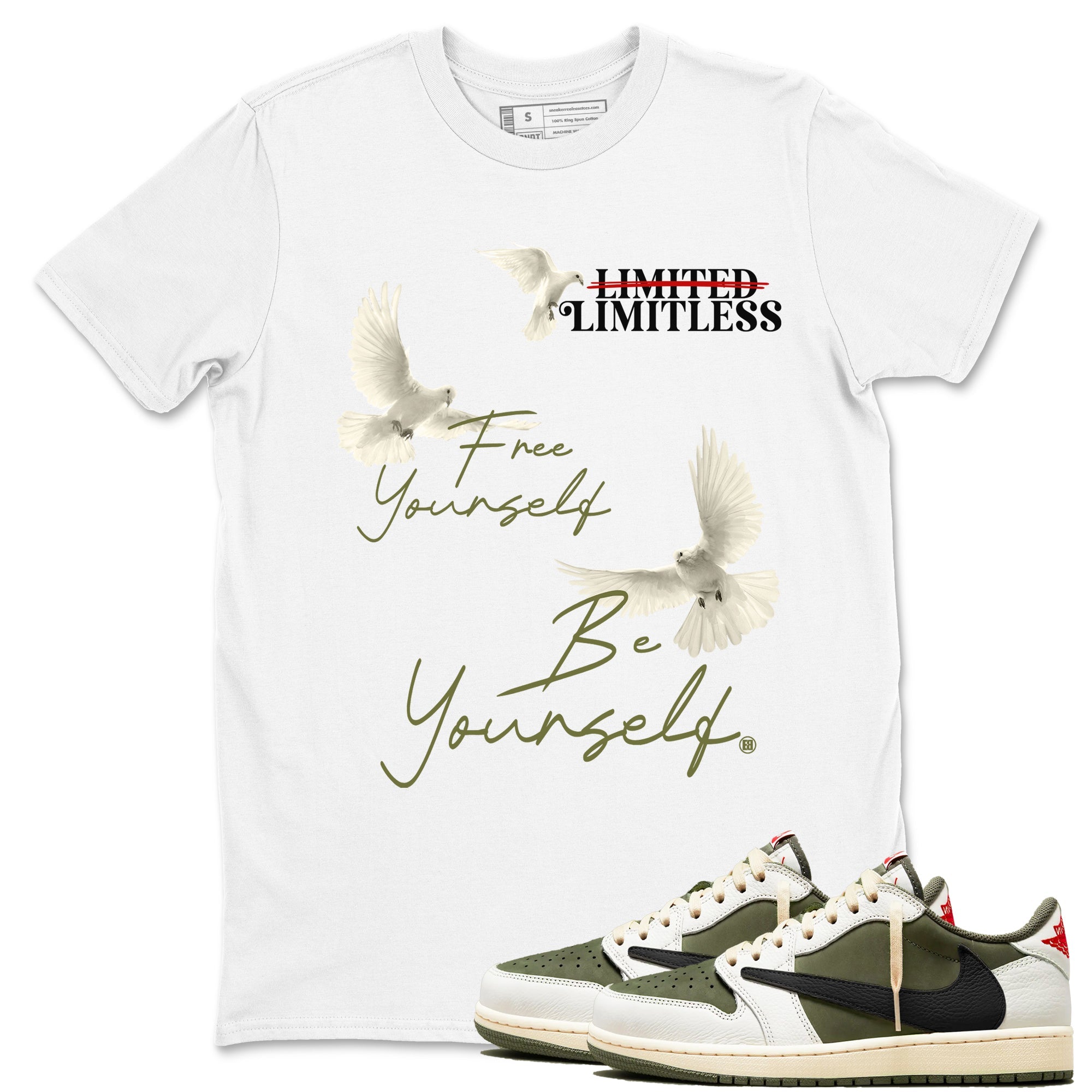 Free Yourself Be Yourself snkmatch Tees - Air Jordan 1 Travis Scott Medium Olive