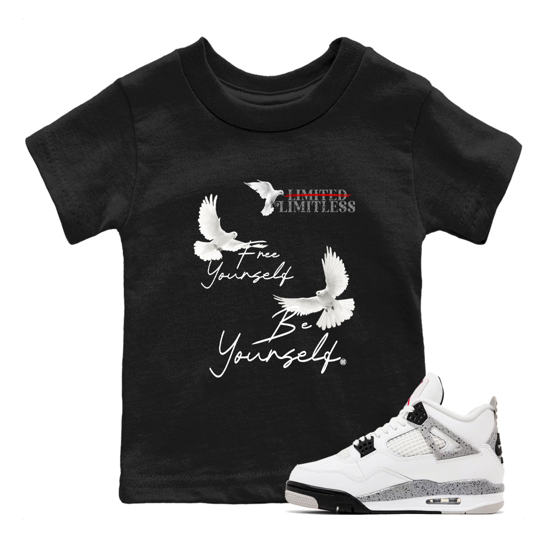 Free Yourself Be Yourself snkmatch Tees Kids - Air Jordan 4 White Cement