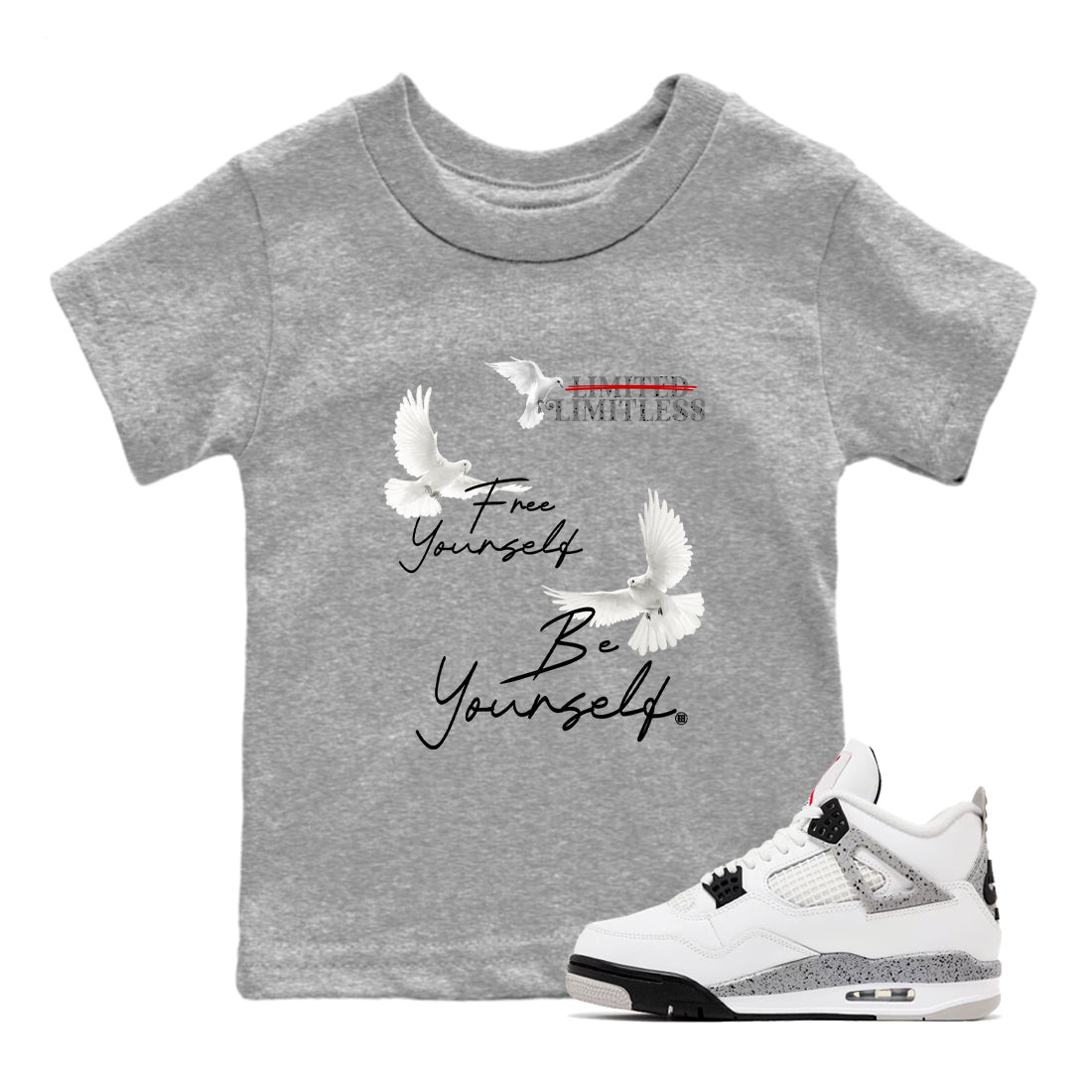Free Yourself Be Yourself snkmatch Tees Kids - Air Jordan 4 White Cement