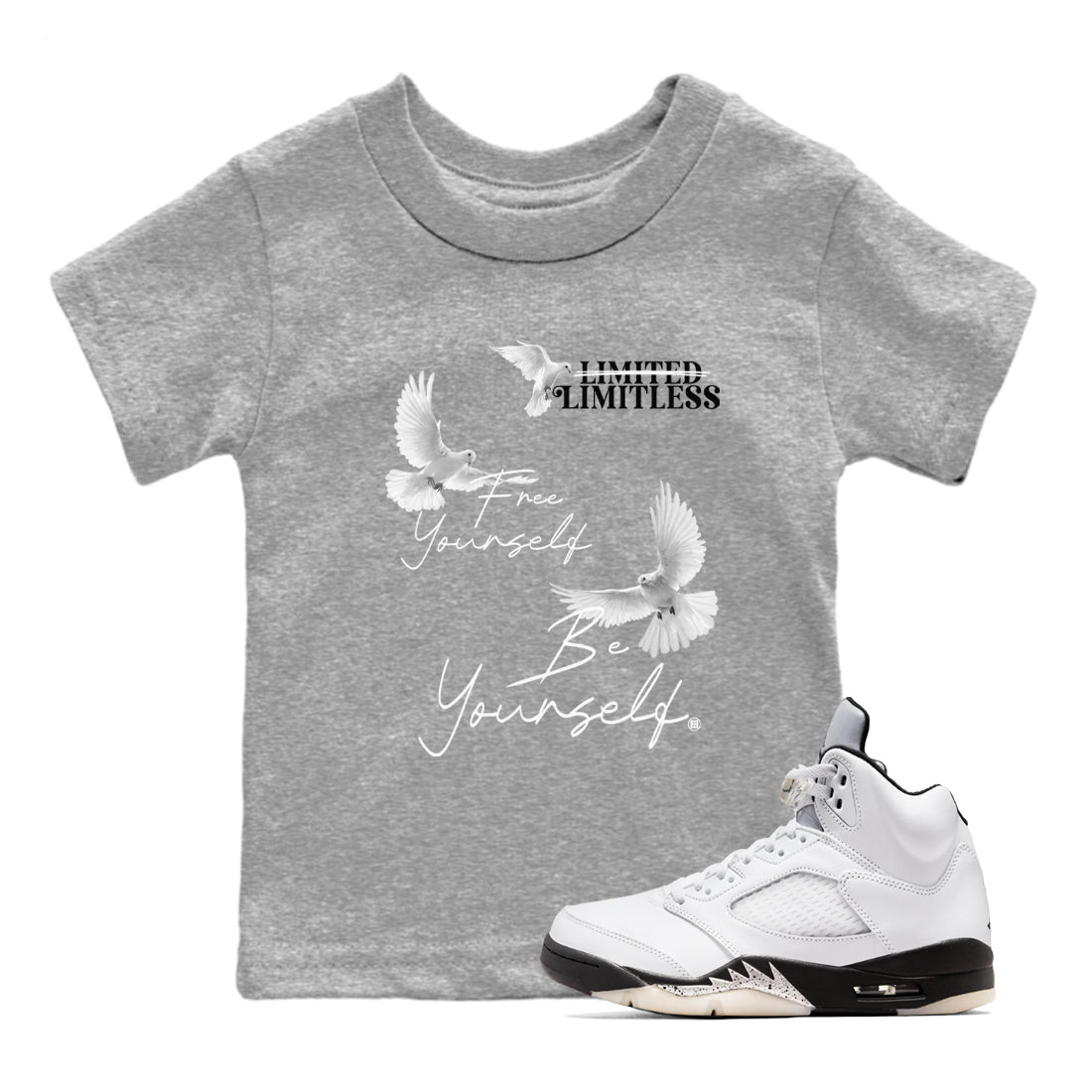 Free Yourself Be Yourself snkmatch Tees Kids - Air Jordan 5 White Black