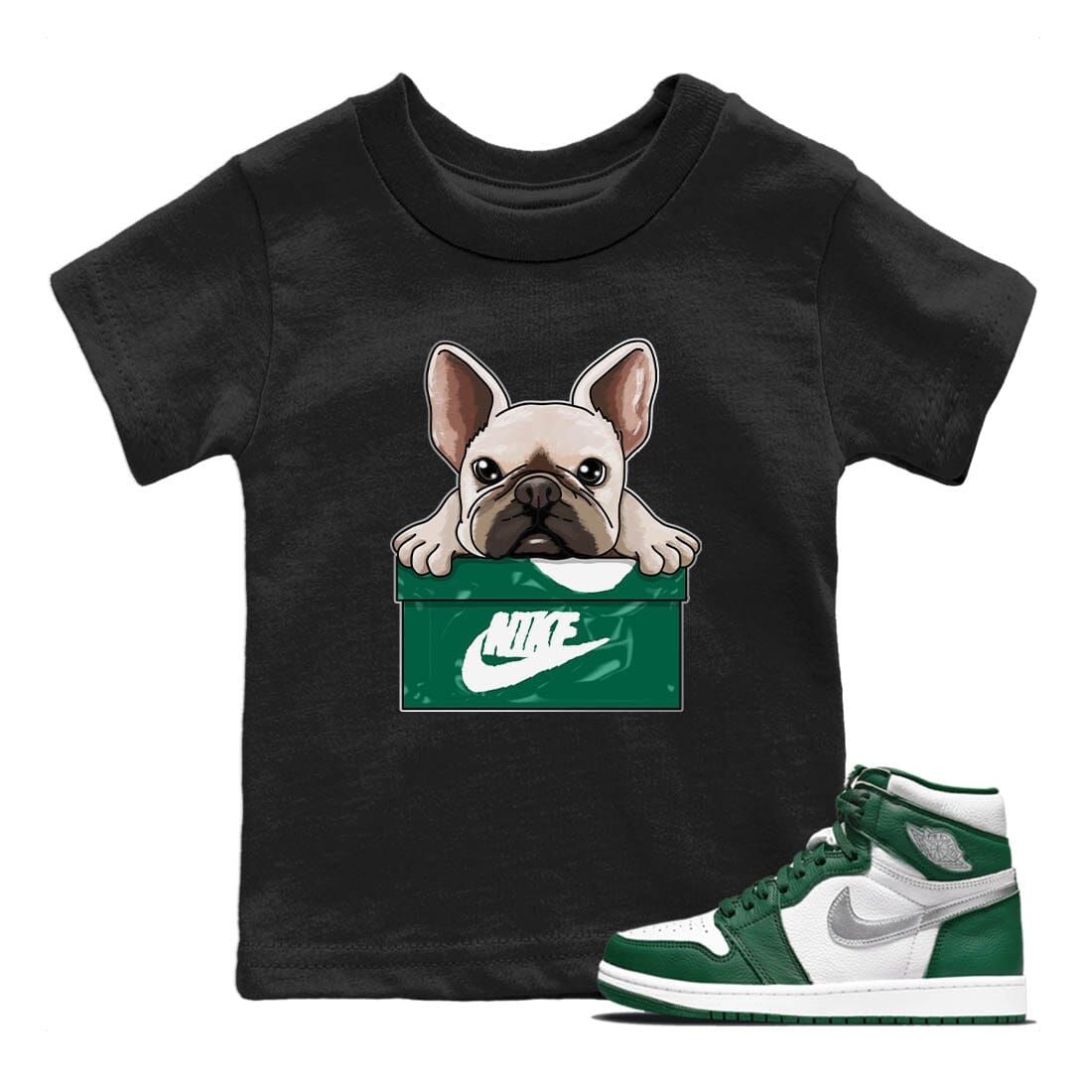 French Bulldog Kids Tops - Air Jordan 1 Gorge Green
