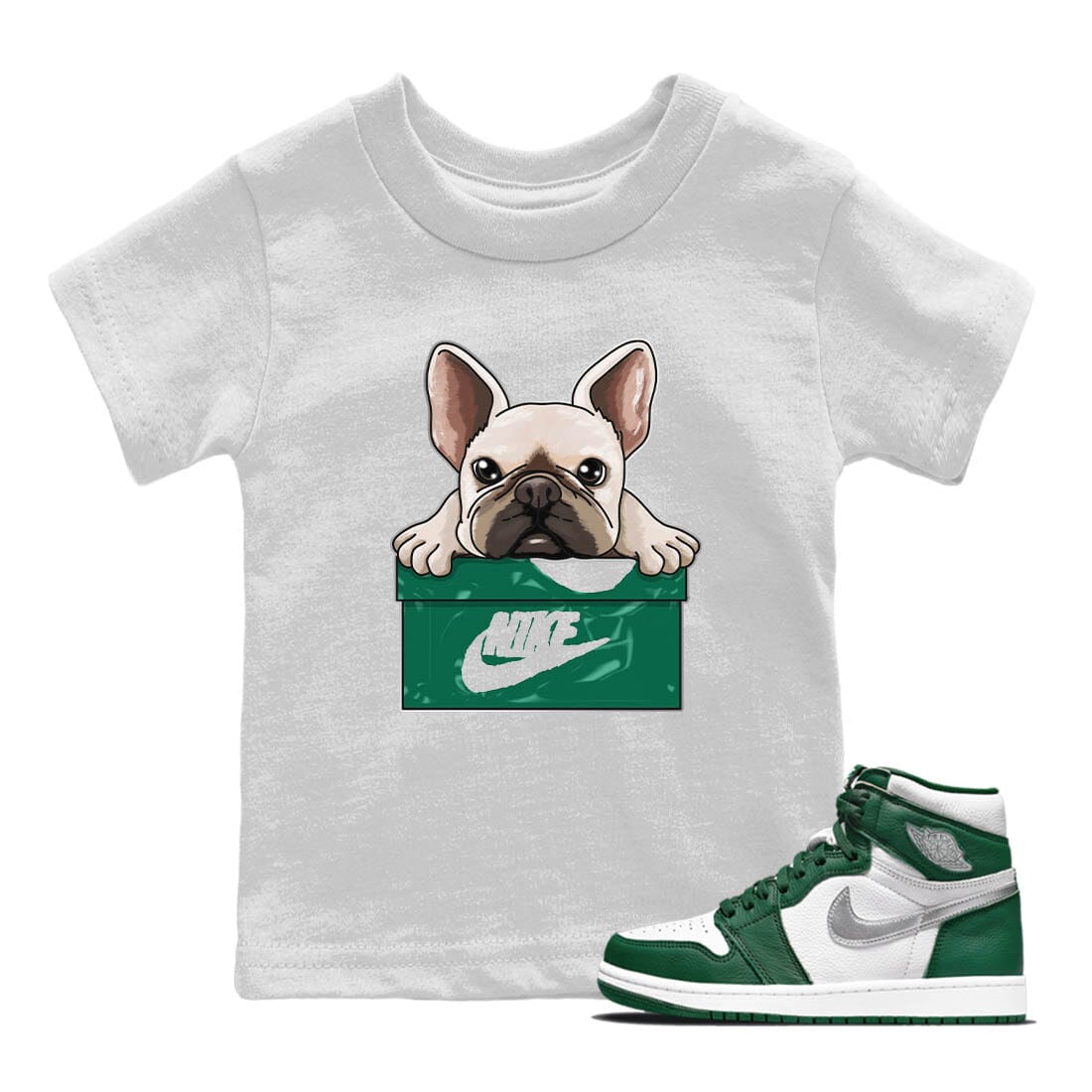 French Bulldog Kids Tops - Air Jordan 1 Gorge Green