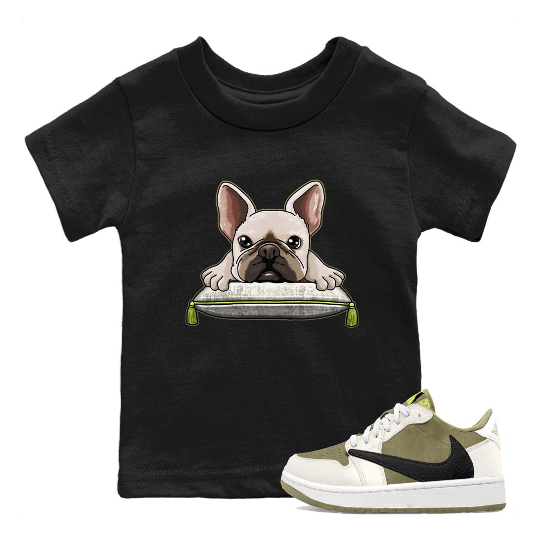 French Bulldog snkmatch Tee Kids - Air Jordan 1 Travis Scott Golf Olive