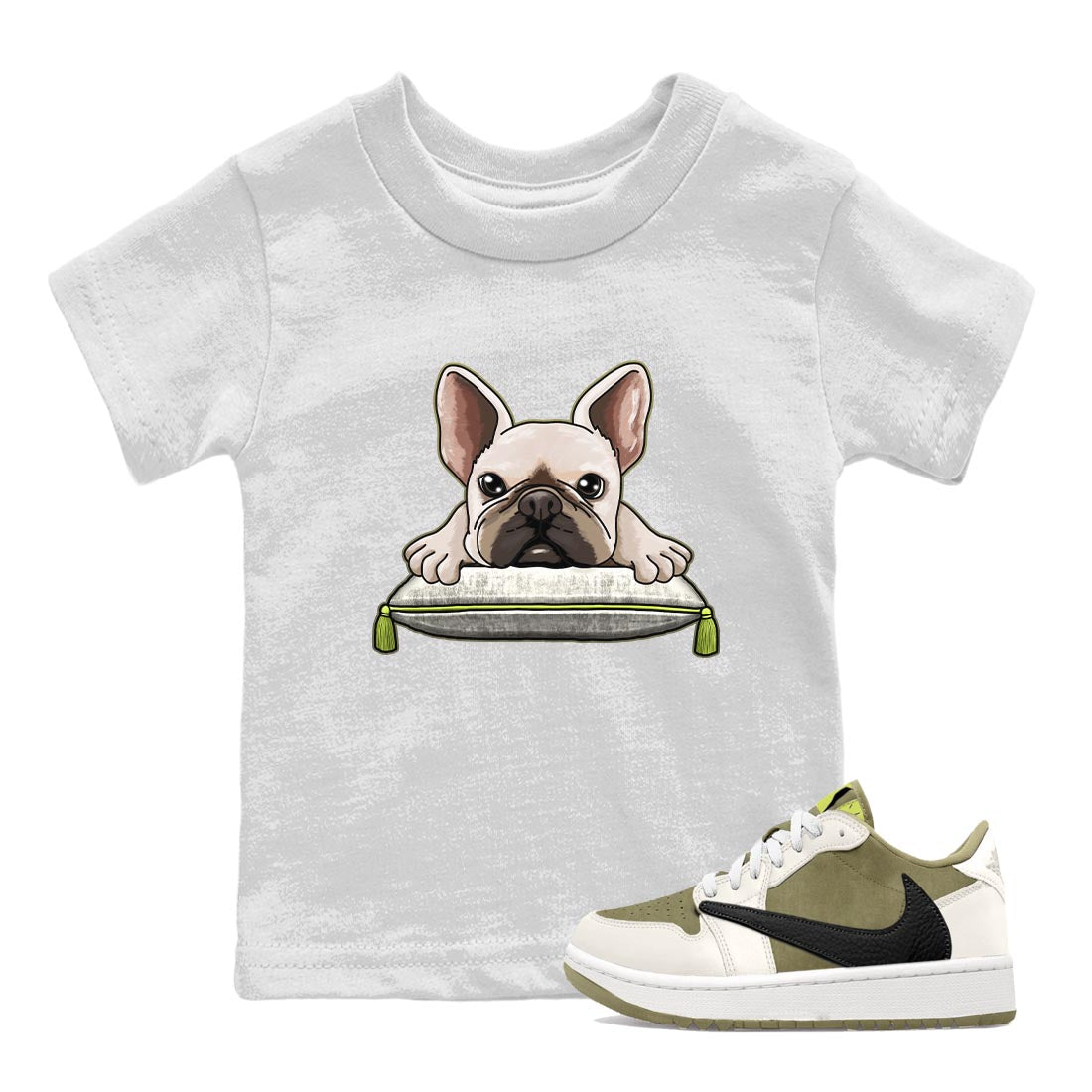 French Bulldog snkmatch Tee Kids - Air Jordan 1 Travis Scott Golf Olive