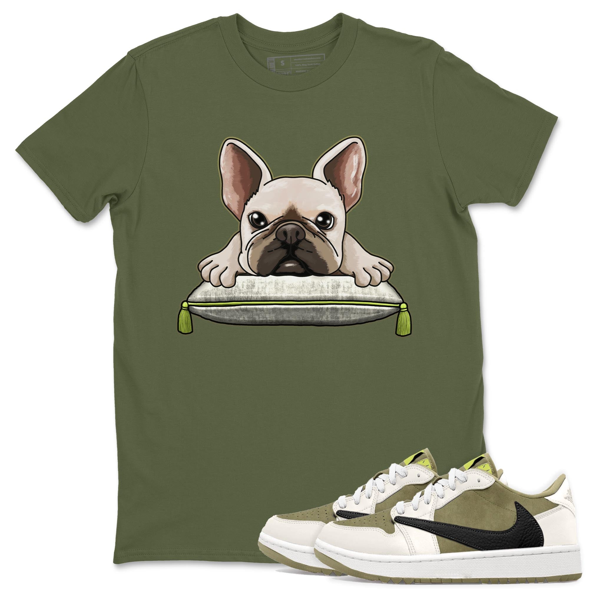 French Bulldog snkmatch Tee - Air Jordan 1 Travis Scott Golf Olive
